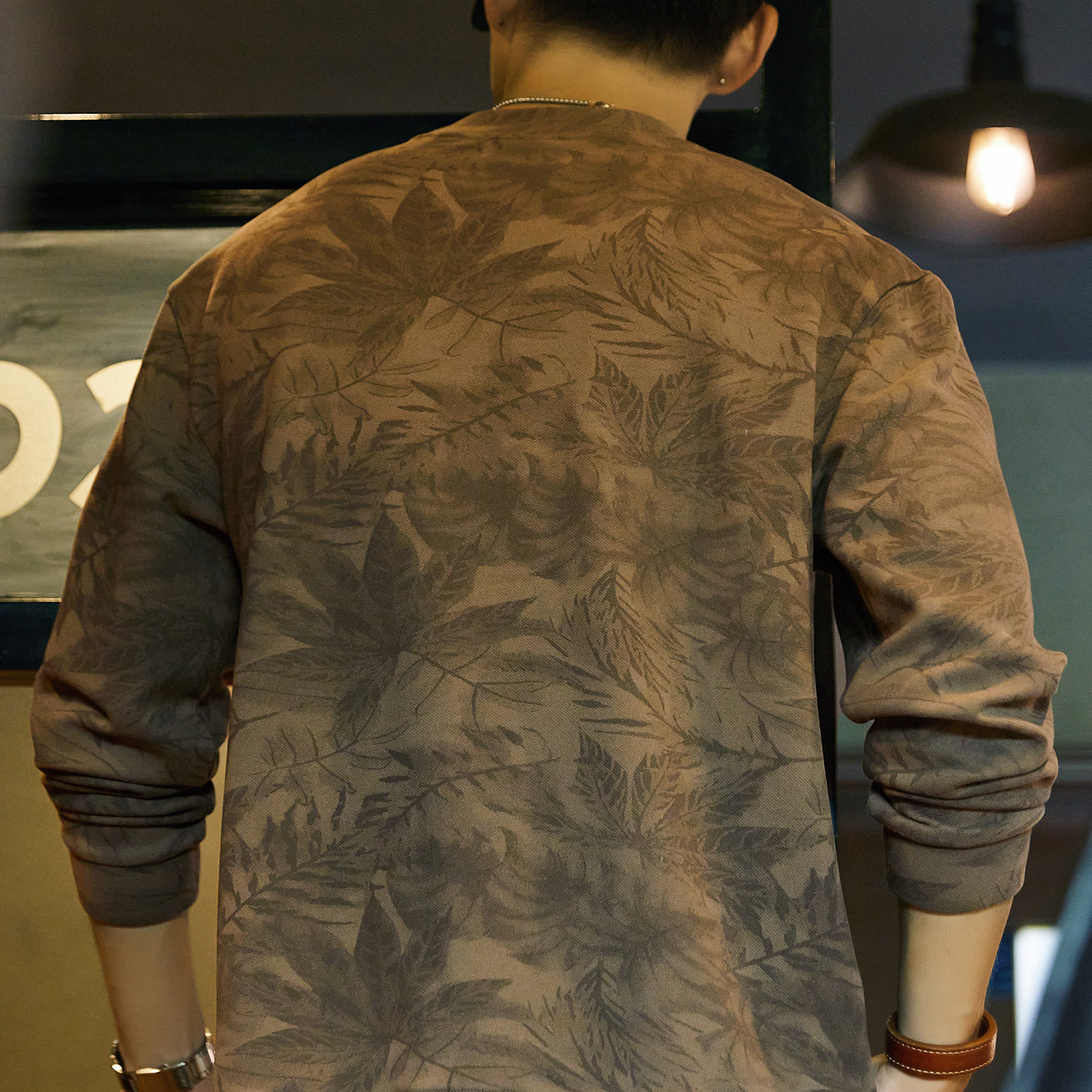 美式復古樹葉滿印花長袖T恤男2025秋季新款寬鬆圓領打底衫上衣