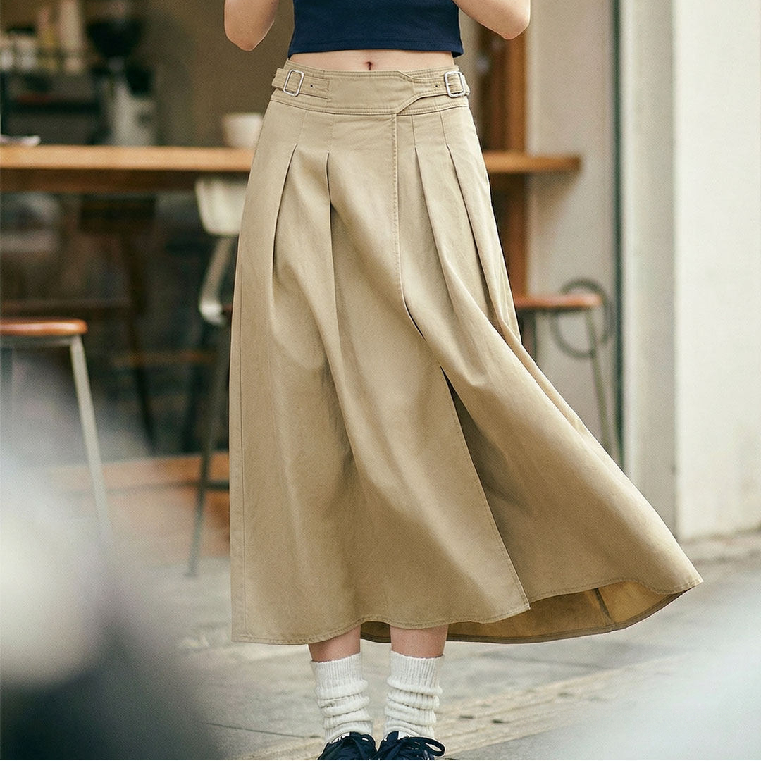 復古卡其色廓爾格全棉百褶高腰A字大擺工裝傘裙子半身裙女