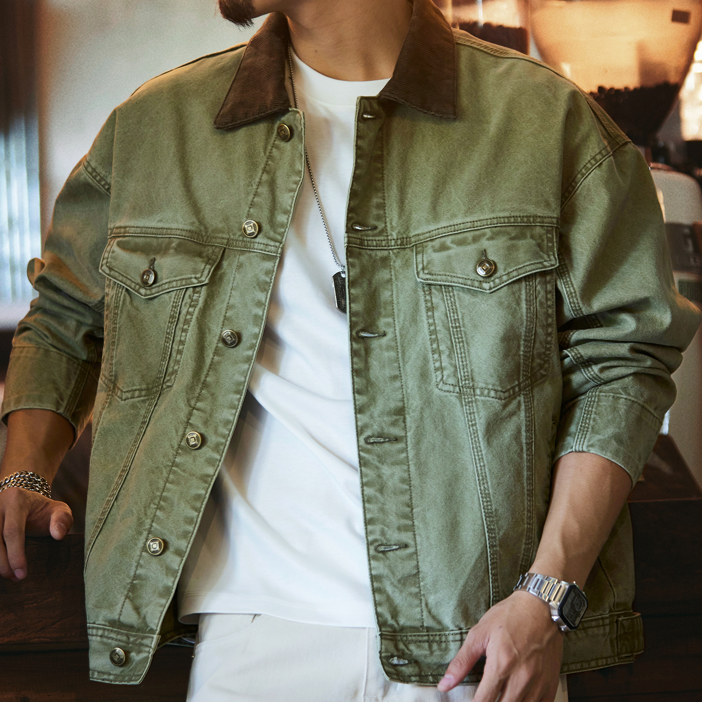 底特律復古軍綠色水洗牛仔外套男2025秋季新款撞色翻領工裝夾克
