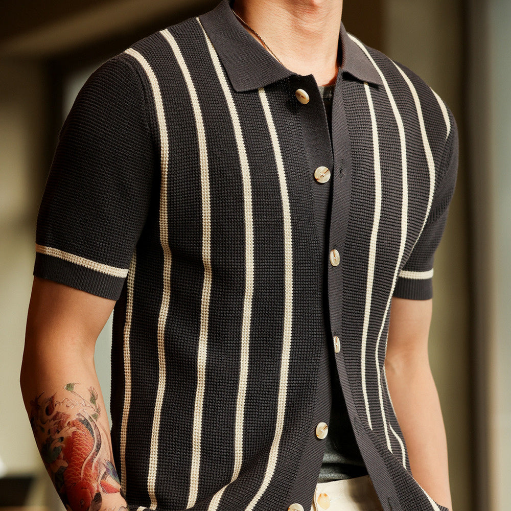 意式復古翻領條紋提花短袖針織衫男抗皺英倫開衫襯衣