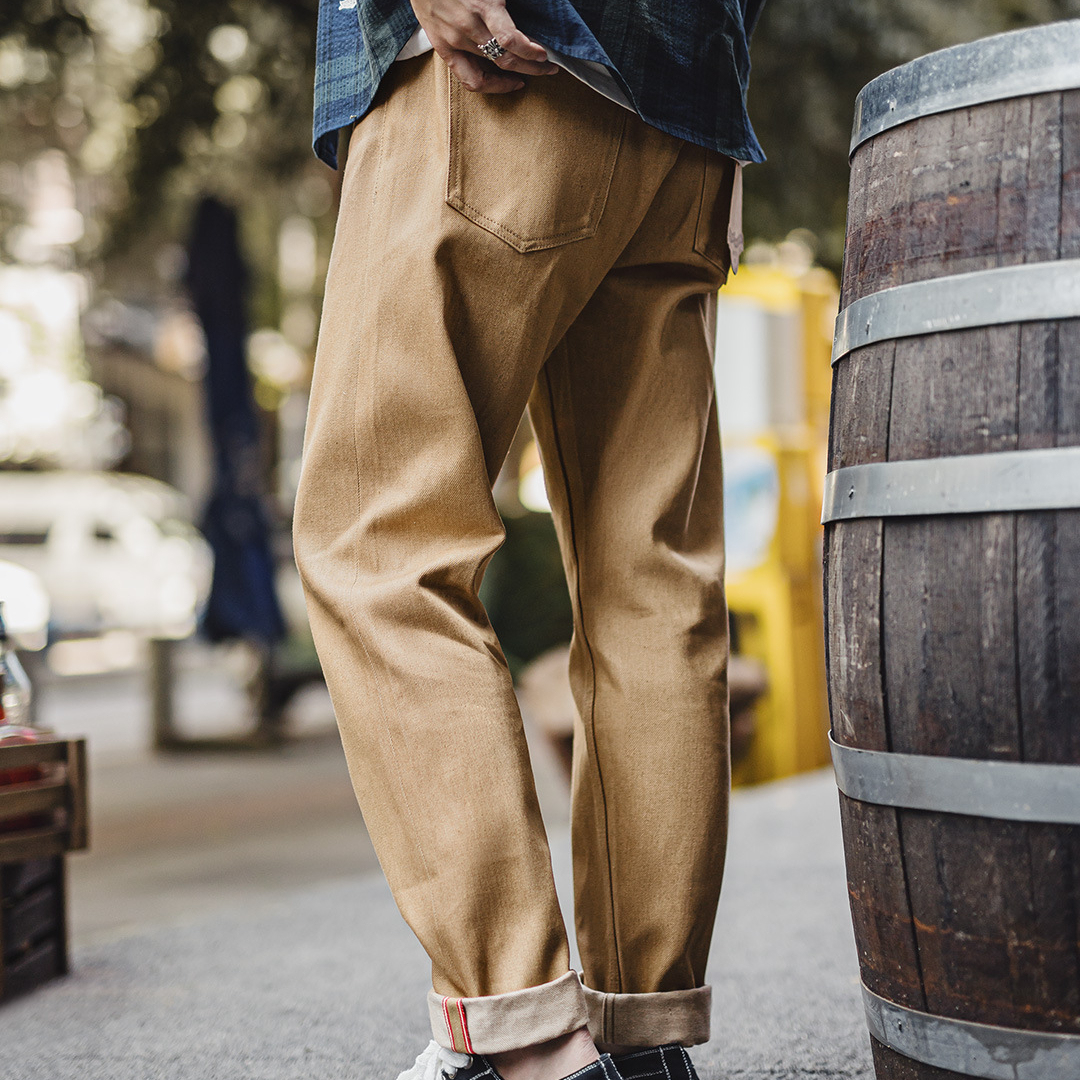 美式復古西部牛仔褲卡其棕色直筒黃石赤耳原牛休閒褲男秋