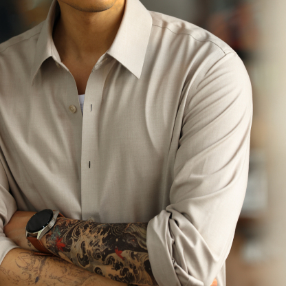 抗皺免燙莫代爾長袖襯衫男美式休閒通勤外搭襯衣打底衫