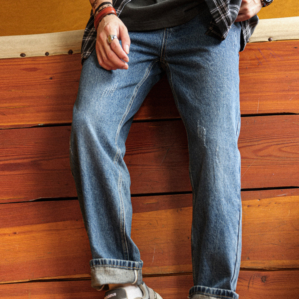 美式復古12.8盎司水洗藍牛仔褲男猫須磨破寬鬆直筒休閒長褲-Retro's Wear