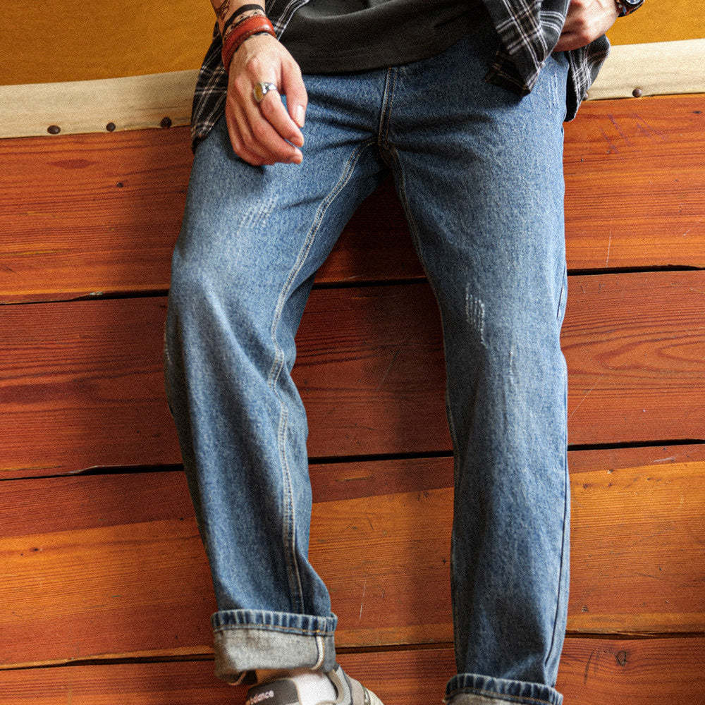 美式復古12.8盎司水洗藍牛仔褲男猫須磨破寬鬆直筒休閒長褲-Retro's Wear