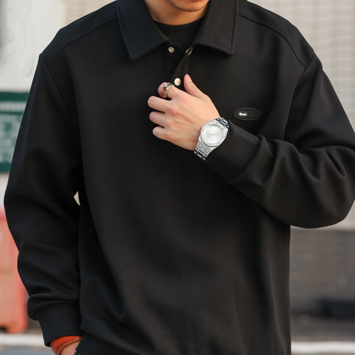 美式復古棉氨刺繡POLO領衛衣男340g空氣層翻領疊穿上衣