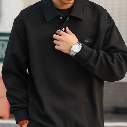 美式復古棉氨刺繡POLO領衛衣男340g空氣層翻領疊穿上衣