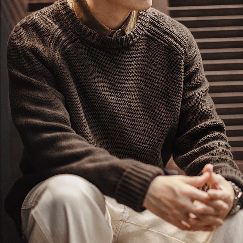 美式復古重磅編織圓領毛衣肌理感插肩袖打底針織衫男秋冬-Retro's Wear