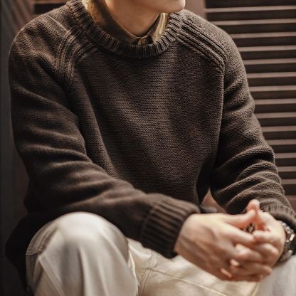 美式復古重磅編織圓領毛衣肌理感插肩袖打底針織衫男秋冬-Retro's Wear