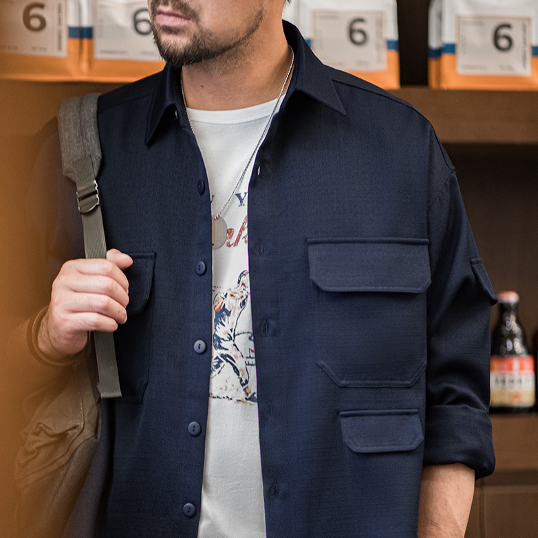 美式休閒廓形抗皺免燙長袖襯衫寬鬆翻領口袋襯衣外套男秋-Retro's Wear