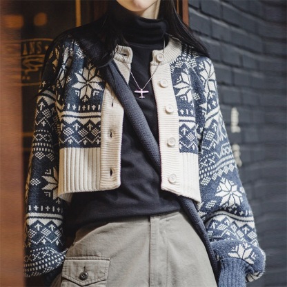 美式休閒提花針織衫圓領短款毛衣外套女秋冬-Retro's Wear