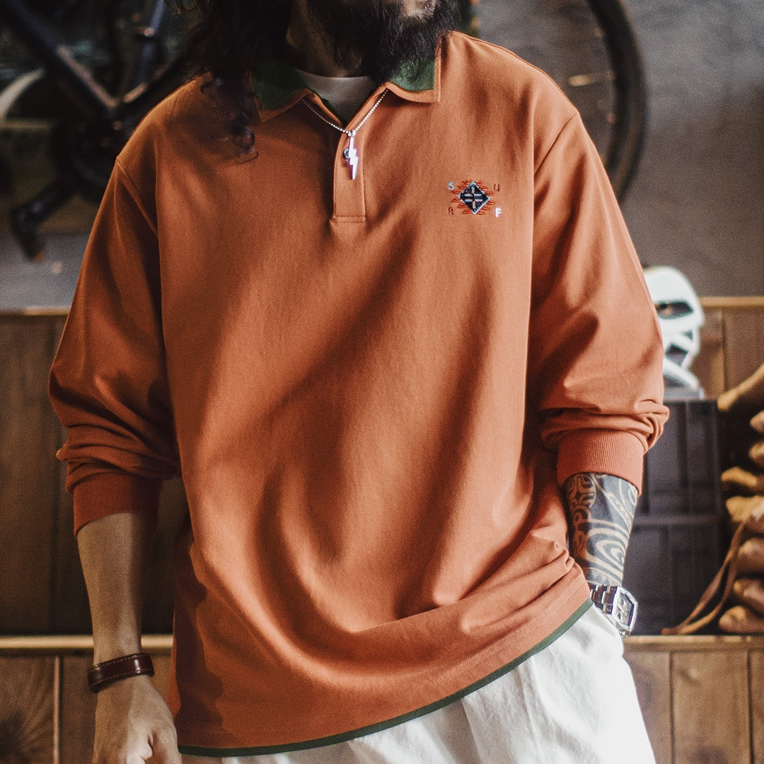 美式復古納瓦霍polo領衛衣假兩件長袖橘色針織polo衫男秋