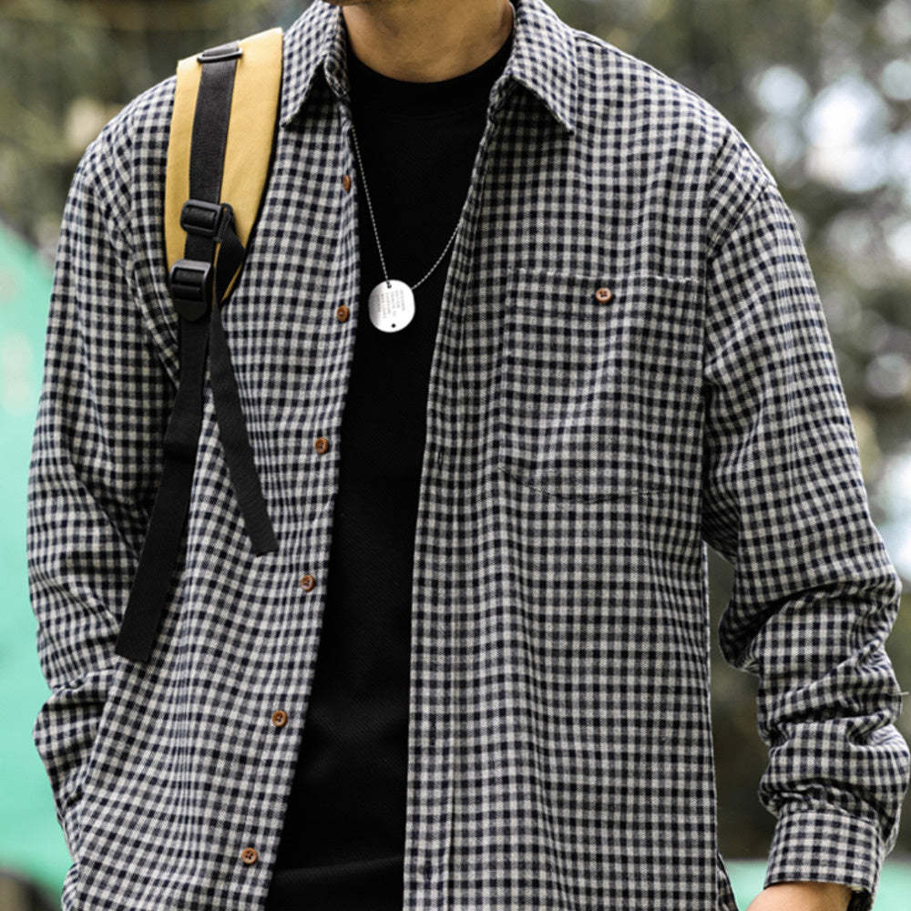 日系重磅格子長袖襯衫男磨毛柔織休閒免燙翻領秋季襯衣外套-Retro's Wear