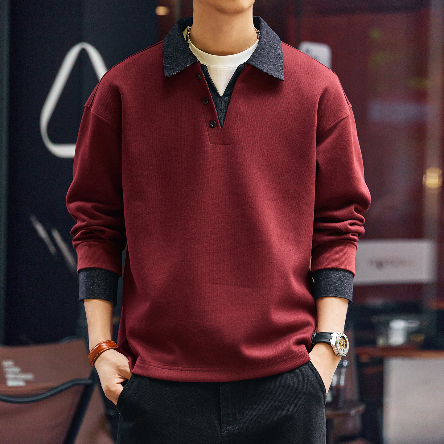 假兩件撞色拼接重磅牛仔Polo衫男秋冬加絨復古翻領衛衣