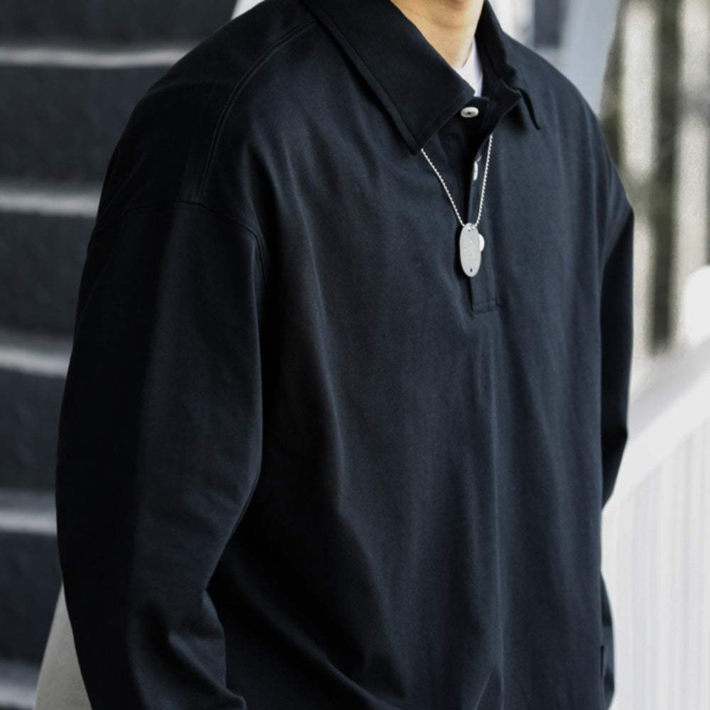 美式休閒口袋翻領長袖POLO衫男弧形下擺戶外運動疊穿工裝T恤-Retro's Wear