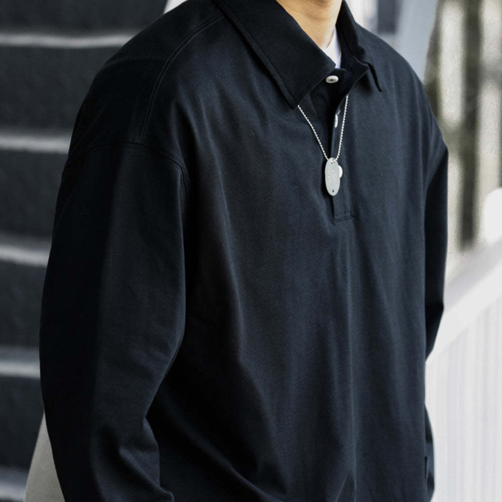 美式休閒口袋翻領長袖POLO衫男弧形下擺戶外運動疊穿工裝T恤-Retro's Wear