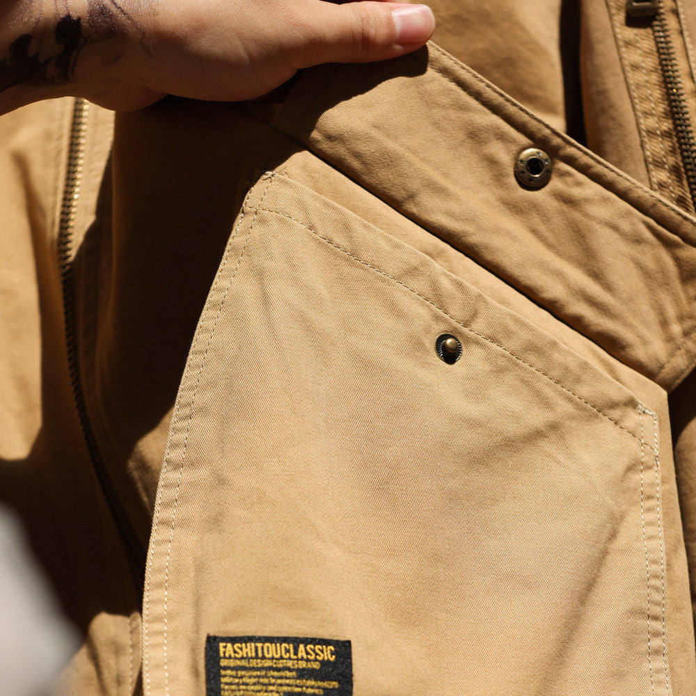 美式復古MA-1飛行夾克男寬鬆工裝大碼卡其色棒球領哈靈頓外套-Retro's Wear