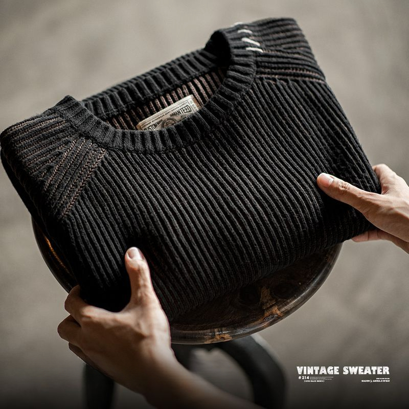 美式復古豎條紋編織毛衣插肩袖圓領加厚打底針織衫男秋冬-Retro's Wear