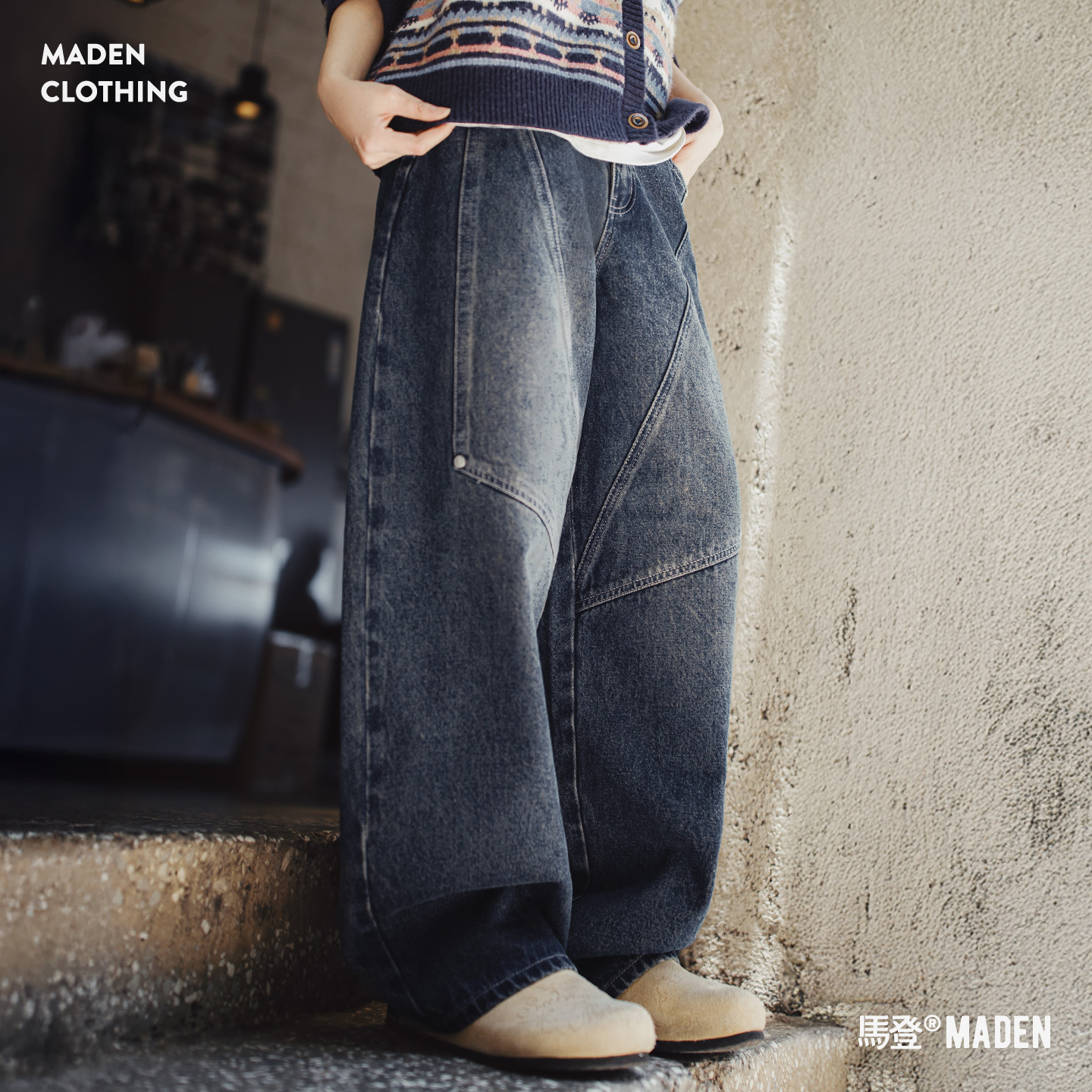 美式復古水洗拼接寬鬆闊腿顯瘦香蕉鐮彎刀工裝牛仔褲子女士秋