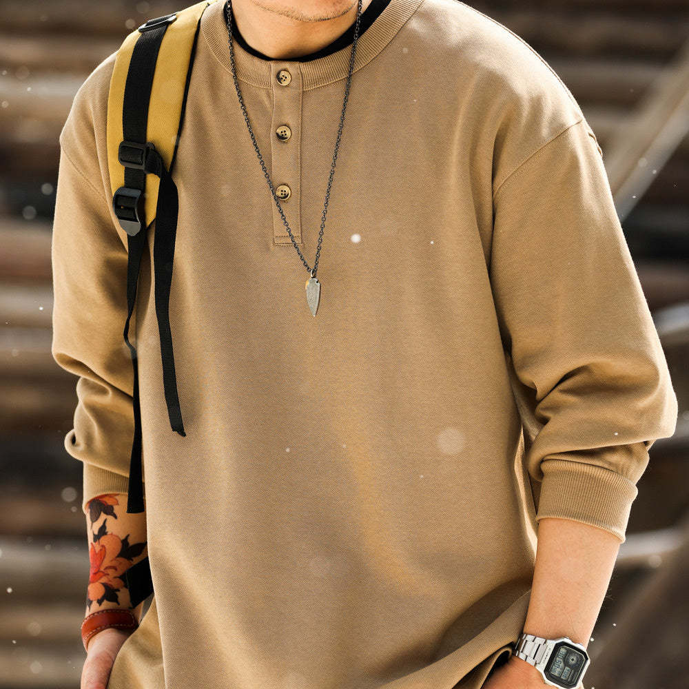 美式休閒320g重磅長袖亨利衫男寬鬆復古硬漢套頭打底衛衣TEE-Retro's Wear