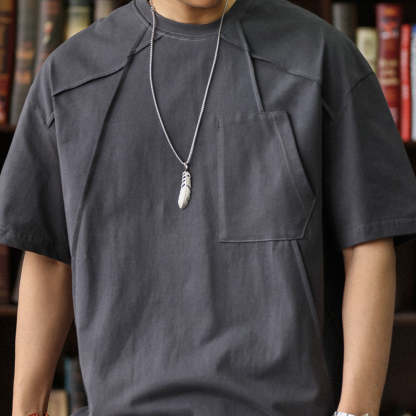 日系復古解構線條設計短袖T恤男寬鬆圓領純棉高級感半袖上衣-Retro's Wear