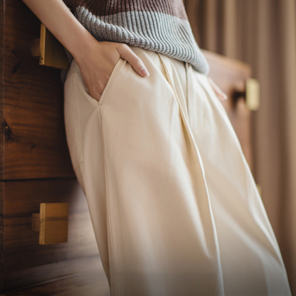 復古Vintage打褶白色闊腿褲日雜風直筒長褲又a又颯闊腿褲夏女