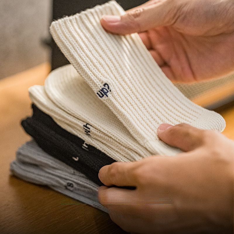 復古粗線刺繡針織中筒襪黑色運動透氣精梳棉長襪子男女秋-Retro's Wear