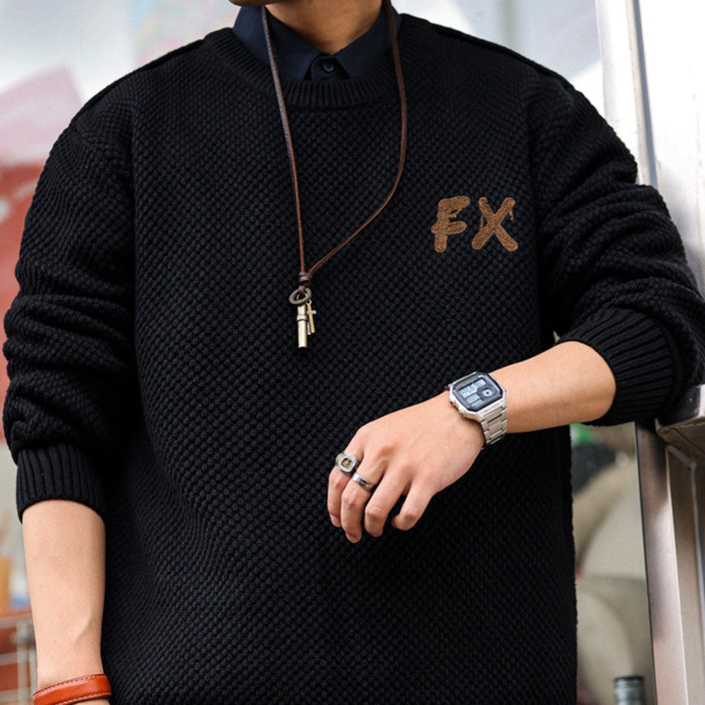 美式復古粗針線重磅毛衣男士圓領寬鬆慵懶風高級感針織衫冬-Retro's Wear