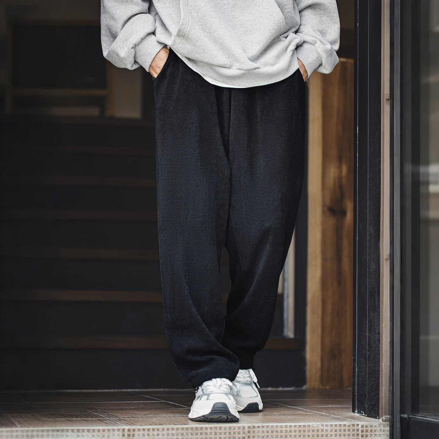 MRA380g重磅束脚雪尼爾衛褲垂感卡其色長褲仿燈芯絨休閒褲男