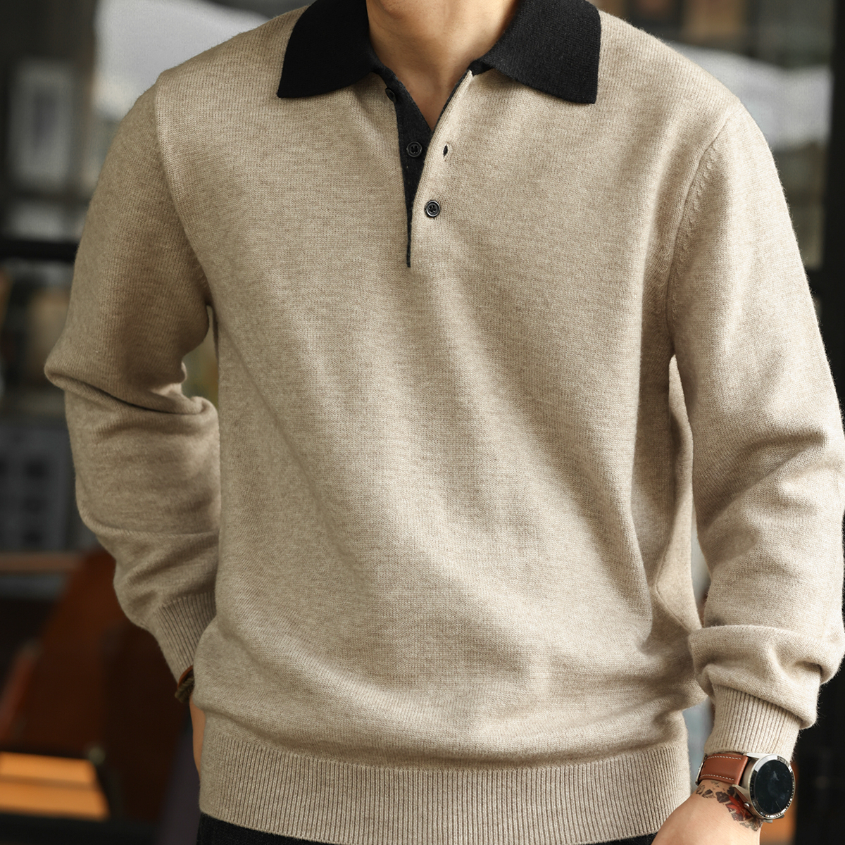 老錢風撞色POLO領毛衣男高支細針抗起球休閒羊毛針織衫