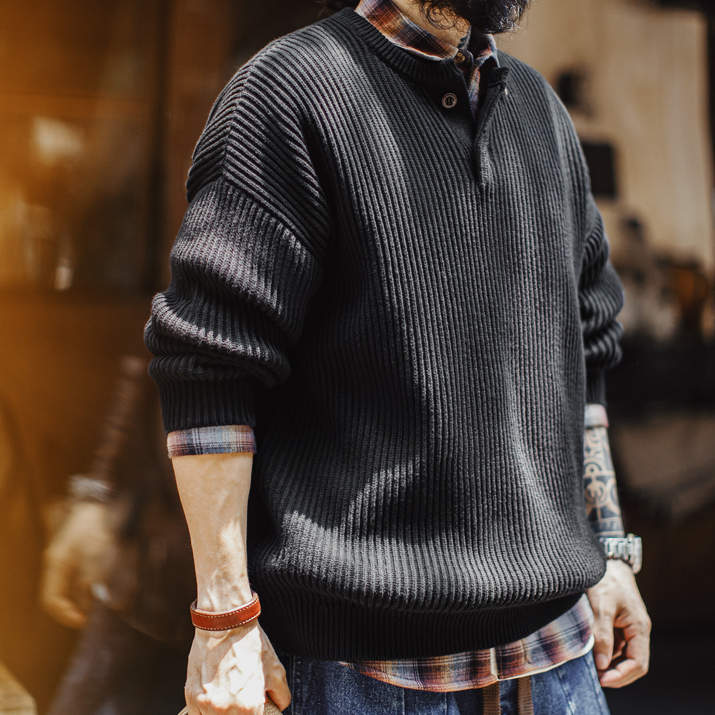 美式重磅亨利領毛衣黑色外穿高克重垂感通勤套頭寬鬆男冬