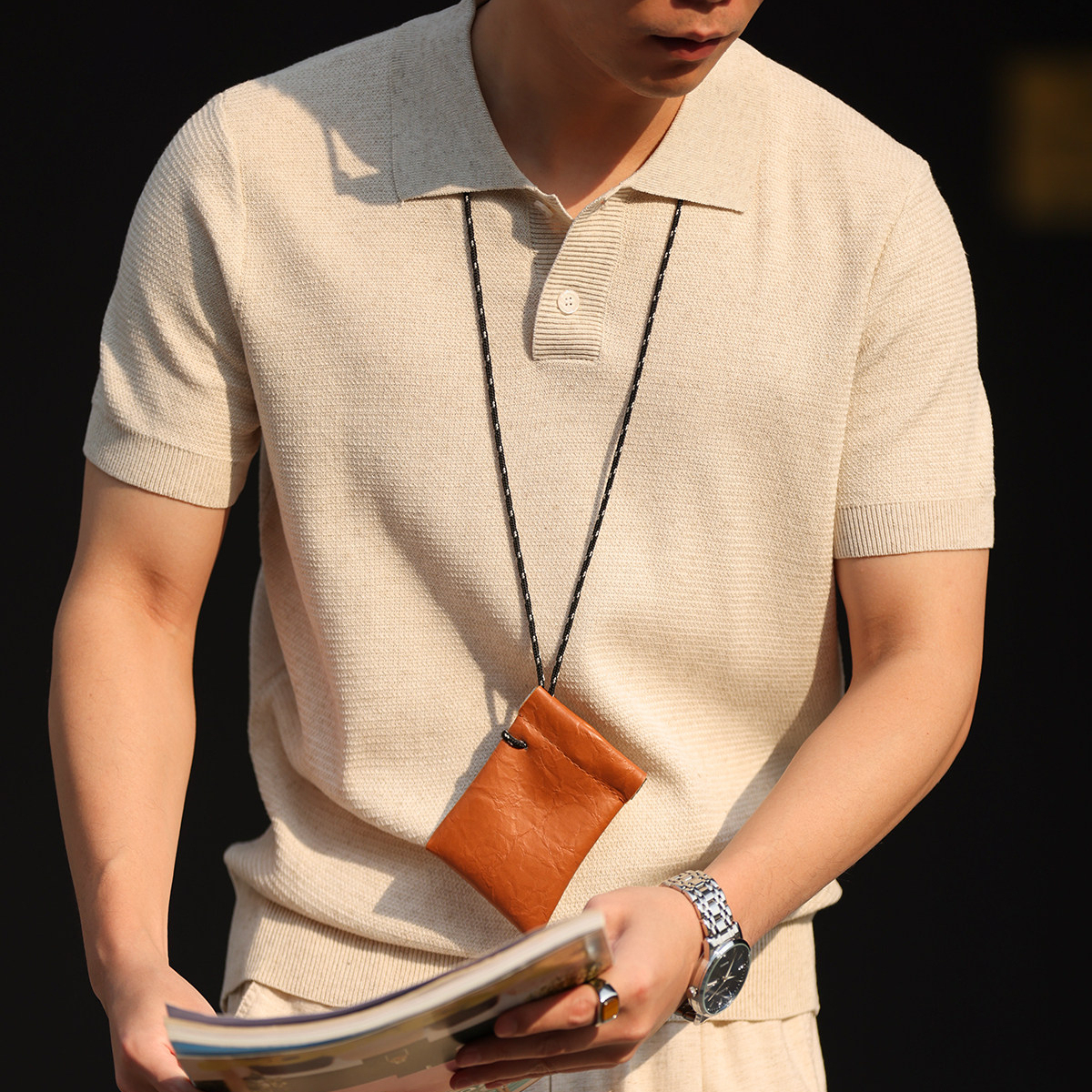 天絲亞麻短袖POLO衫男基礎款透氣休閒萊賽爾針織翻領T恤