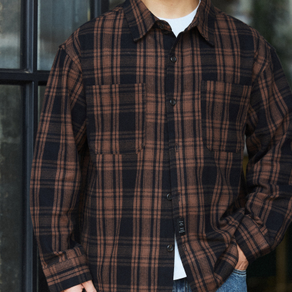 美式復古300g重磅格紋襯衫男純棉加厚磨毛長袖襯衣外套
