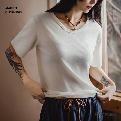夏日象牙白輕薄基礎T恤微落肩肌理感內搭小心機微透短袖女