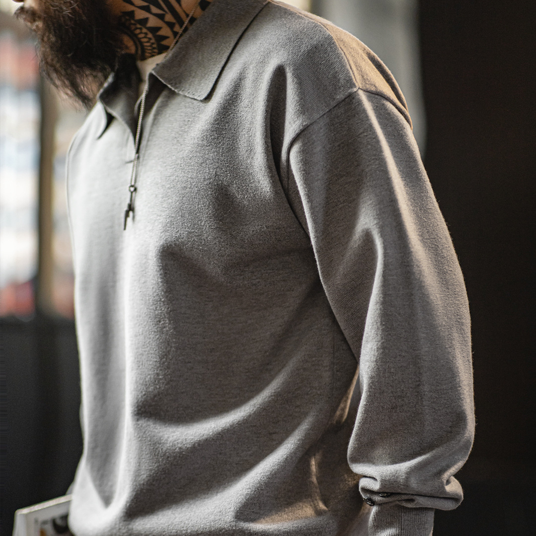 美式休閒海鷗polo領衛衣老錢風灰色針織長袖polo衫男秋季