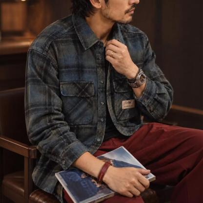 美式復古重磅格子工裝襯衫男春秋新款寬鬆休閒翻領襯衣外套