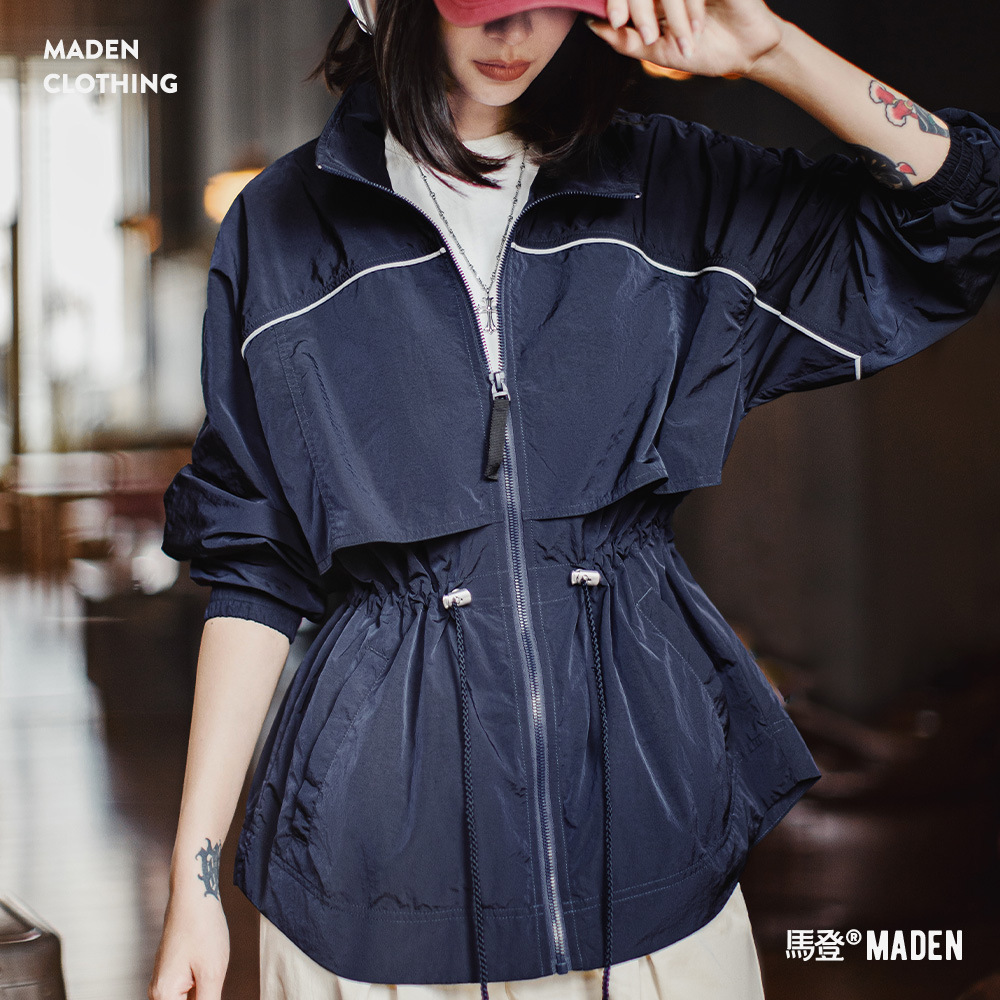 美式立翻領寬鬆輕薄短款收腰派克工裝風衣夾克外套女上衣士夏