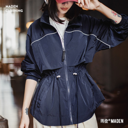 美式立翻領寬鬆輕薄短款收腰派克工裝風衣夾克外套女上衣士夏