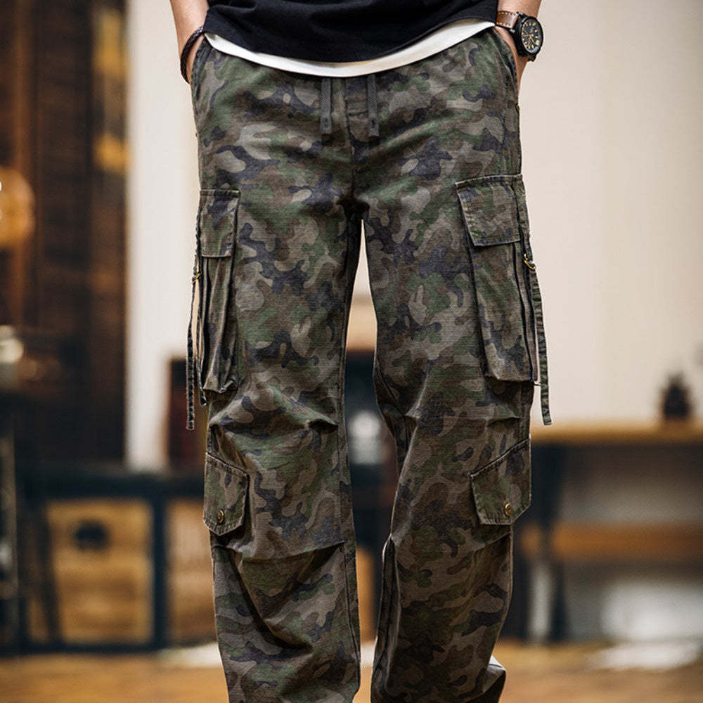 美式復古純棉網格迷彩工裝褲子男多口袋2025春夏新款直筒休閒長褲