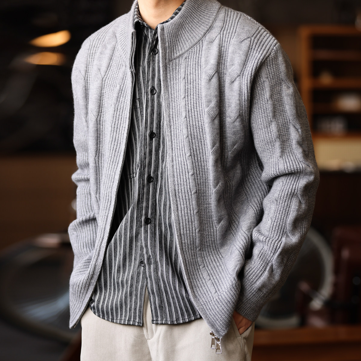 提花肌理燕麥色開衫立領針織外套男百搭cleanfit毛衣