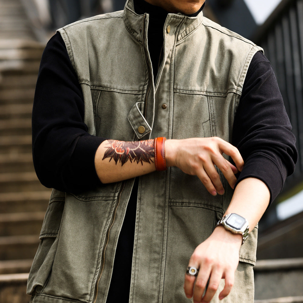 美式復古戰術大口袋馬甲男戶外寬鬆露營無坎肩運動釣魚服秋-Retro's Wear