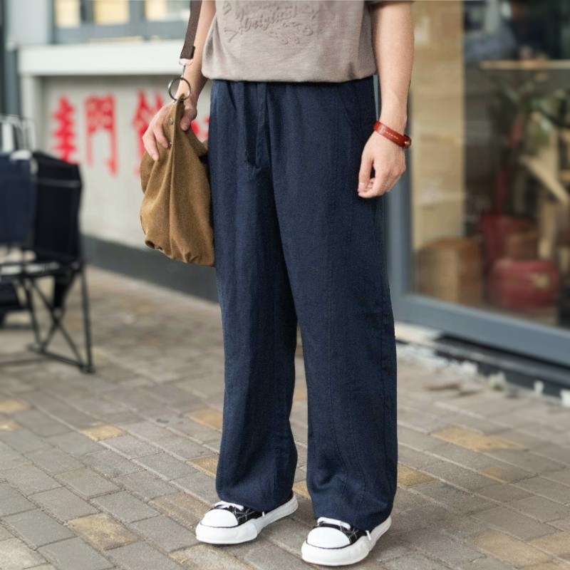 美式寬鬆萊賽爾亞麻休閒褲男夏季新款立體剪裁拼接彎刀長褲