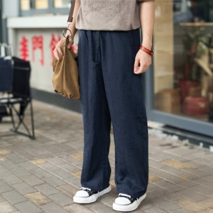 美式寬鬆萊賽爾亞麻休閒褲男夏季新款立體剪裁拼接彎刀長褲