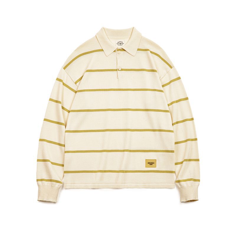 美式休閒條紋針織polo衫撞色翻領半開襟寬鬆長袖T恤男春