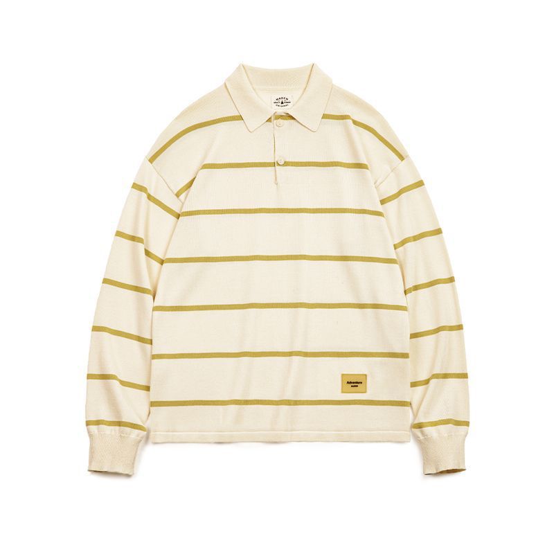 美式休閒條紋針織polo衫撞色翻領半開襟寬鬆長袖T恤男春