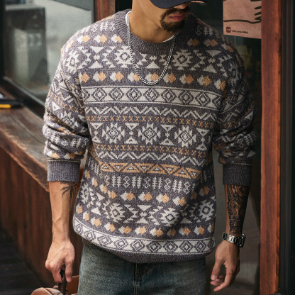 費爾島復古慵懶感圓領毛衣男2025冬季新款加厚保暖提花針織衫上衣