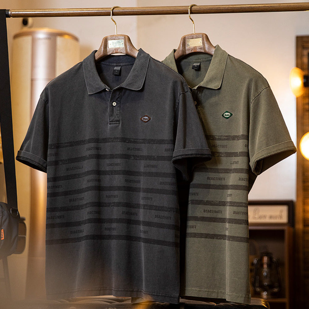 美式條紋印花polo衫男短袖t恤夏季2025新款純棉復古水洗半袖男