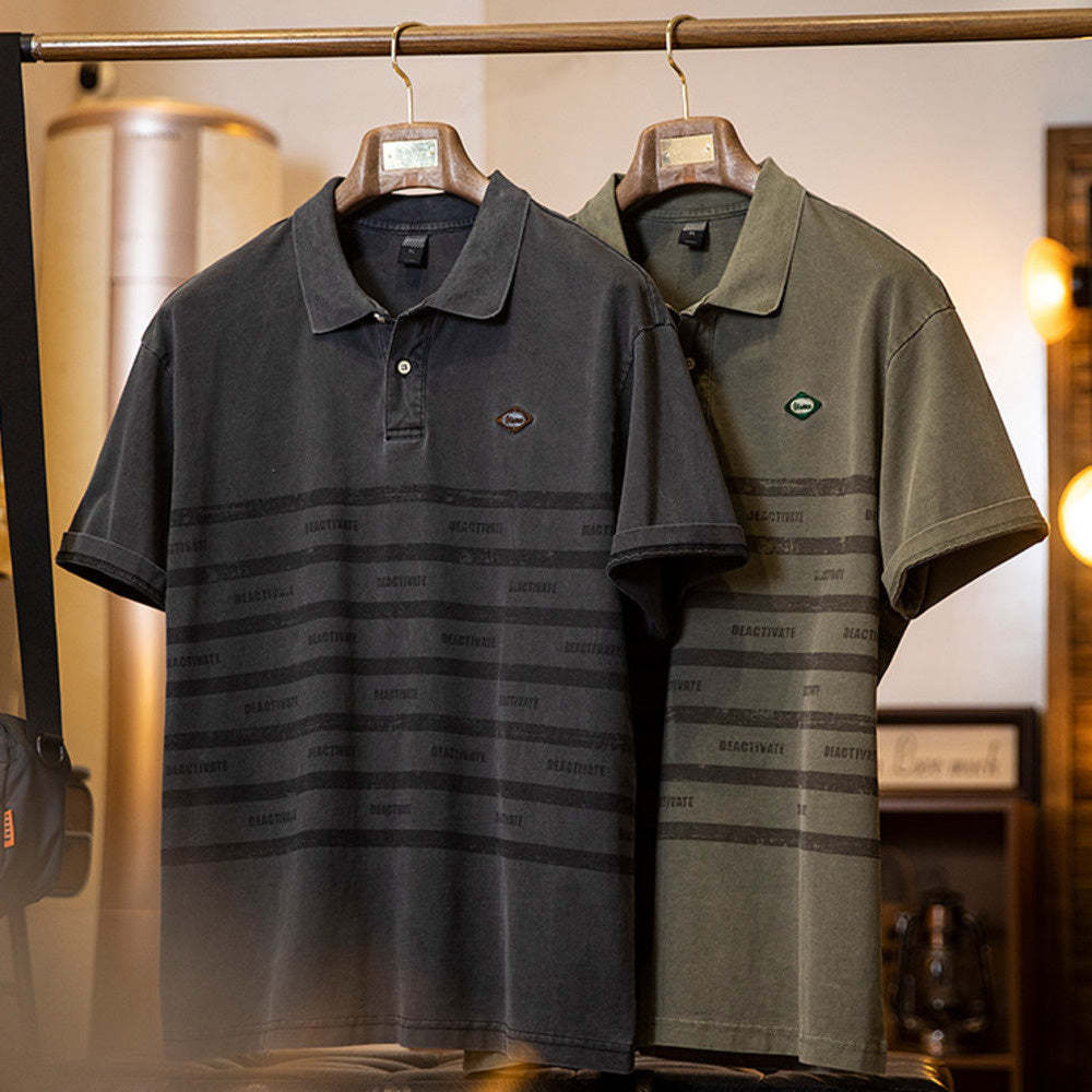 美式條紋印花polo衫男短袖t恤夏季2025新款純棉復古水洗半袖男