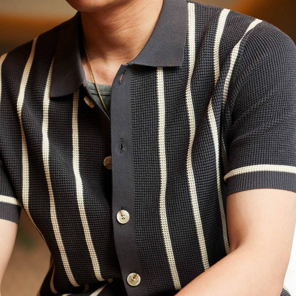 意式復古翻領條紋提花短袖針織衫男抗皺英倫開衫襯衣