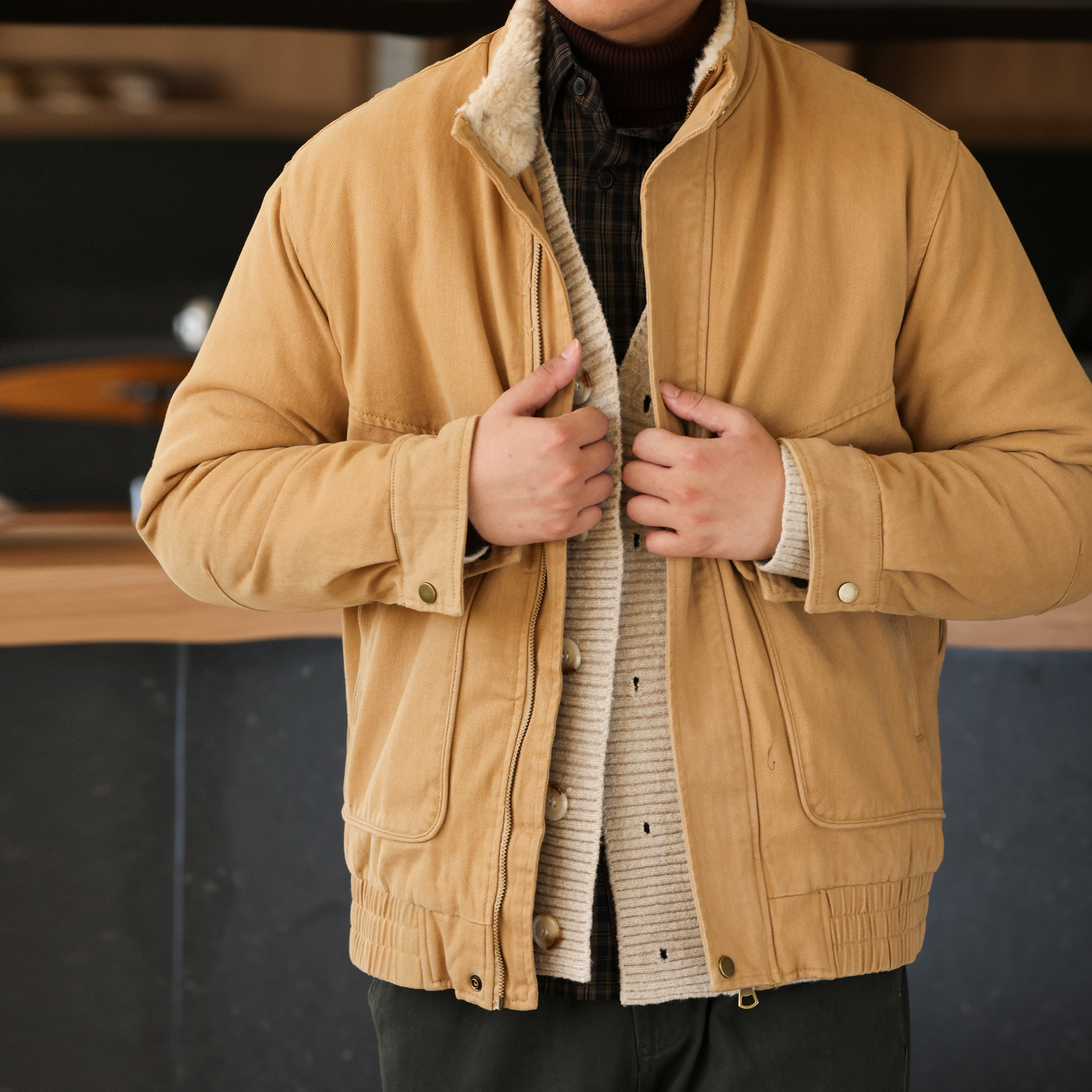 美式復古A2羊羔絨立領夾克男水洗純棉卡其保暖工裝外套