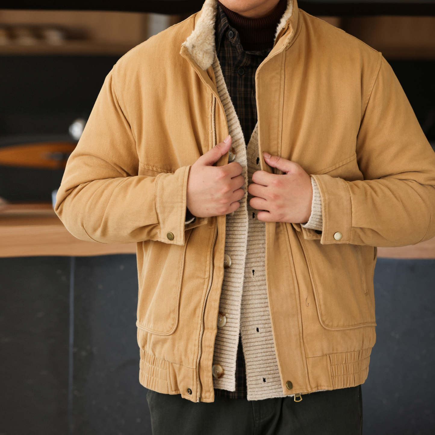 美式復古A2羊羔絨立領夾克男水洗純棉卡其保暖工裝外套
